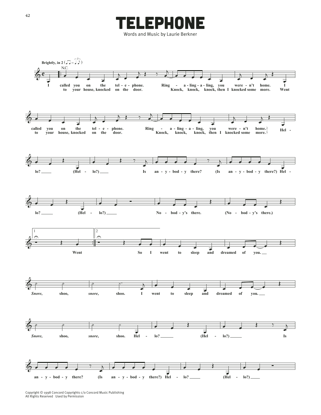 The Laurie Berkner Band Telephone sheet music notes and chords arranged for Lead Sheet / Fake Book