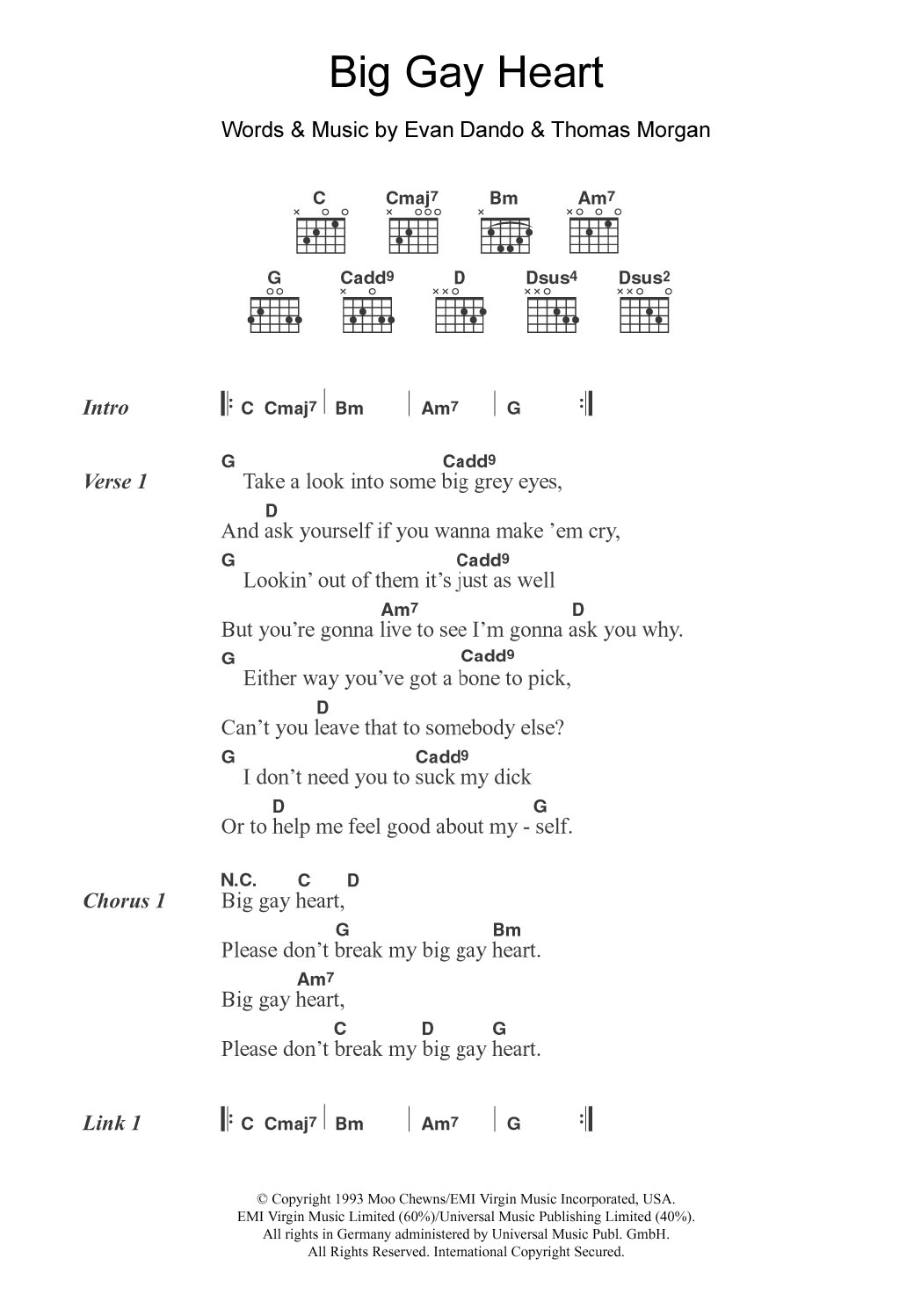 The Lemonheads Big Gay Heart sheet music notes and chords arranged for Guitar Chords/Lyrics