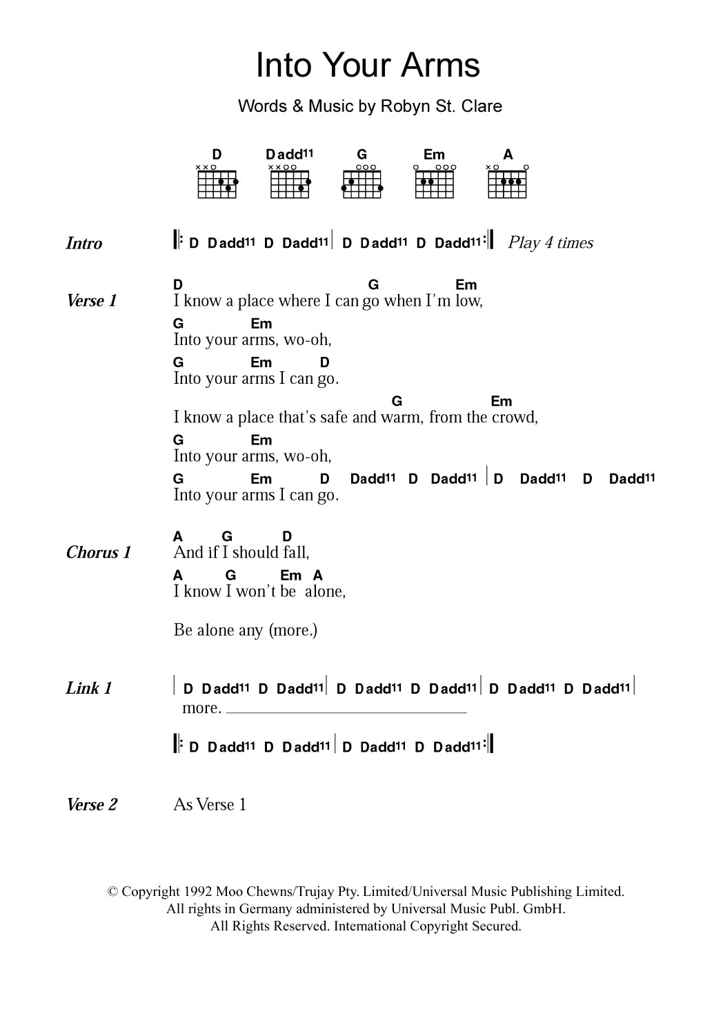 The Lemonheads Into Your Arms sheet music notes and chords arranged for Guitar Chords/Lyrics