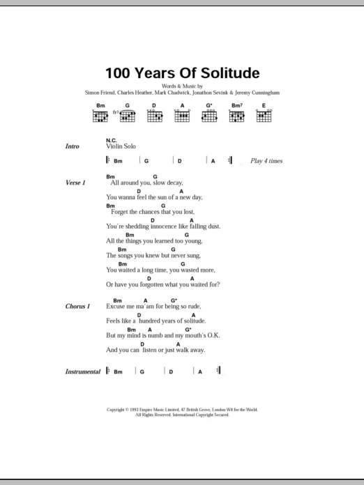 The Levellers 100 Years Of Solitude sheet music notes and chords arranged for Guitar Chords/Lyrics