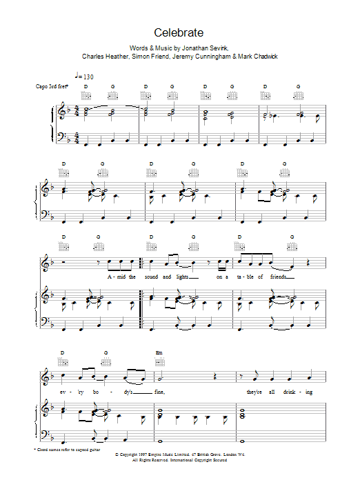 The Levellers Celebrate sheet music notes and chords arranged for Piano, Vocal & Guitar Chords