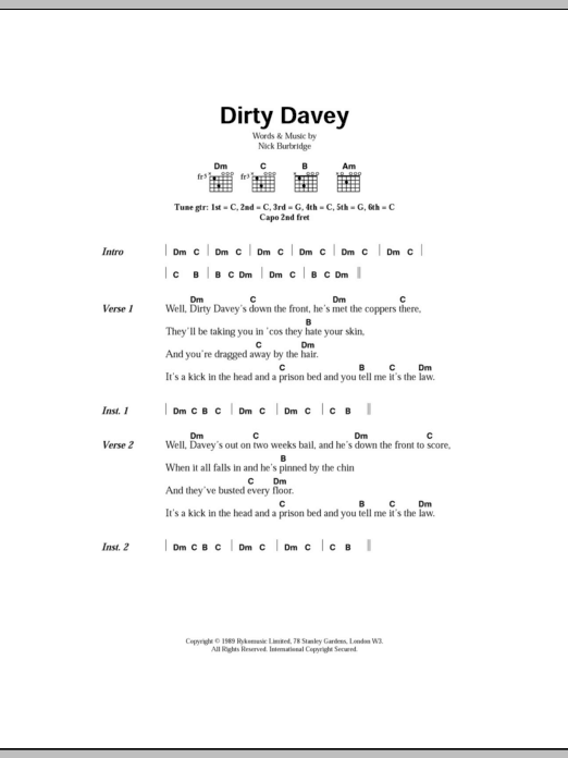 The Levellers Dirty Davey sheet music notes and chords arranged for Guitar Chords/Lyrics