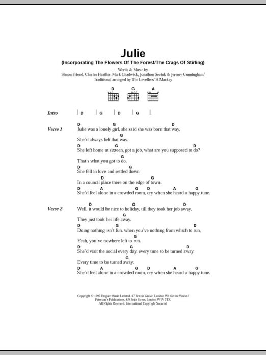 The Levellers Julie sheet music notes and chords arranged for Guitar Chords/Lyrics