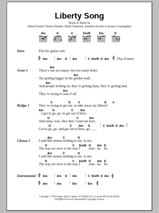 The Levellers Liberty Song sheet music notes and chords arranged for Guitar Chords/Lyrics