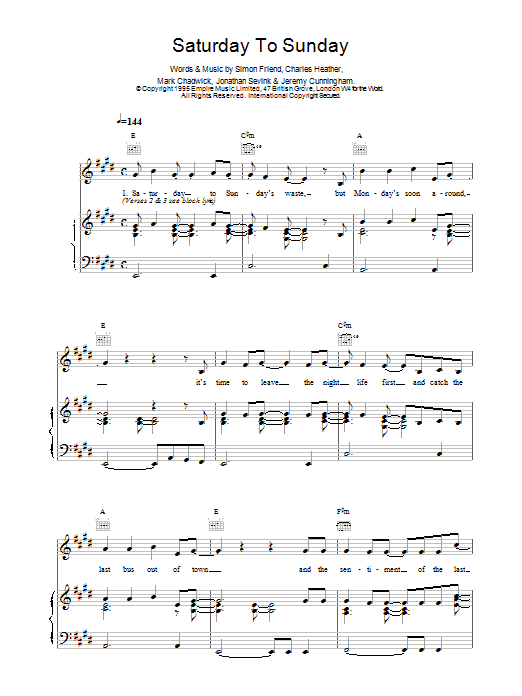 The Levellers Saturday To Sunday sheet music notes and chords arranged for Piano, Vocal & Guitar Chords
