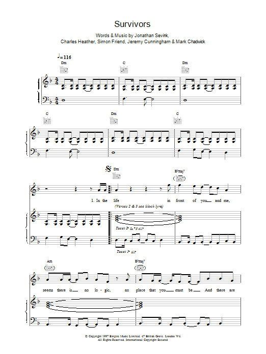 The Levellers Survivors sheet music notes and chords arranged for Piano, Vocal & Guitar Chords