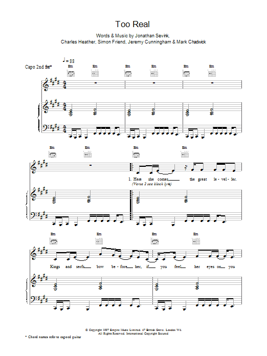 The Levellers Too Real sheet music notes and chords arranged for Piano, Vocal & Guitar Chords