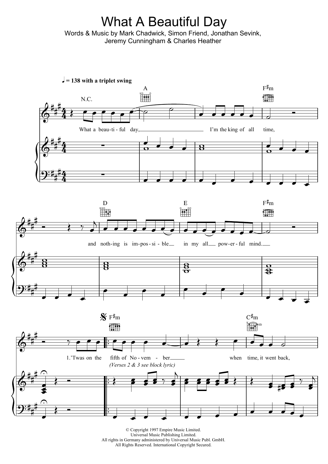 The Levellers What A Beautiful Day sheet music notes and chords arranged for Piano, Vocal & Guitar Chords