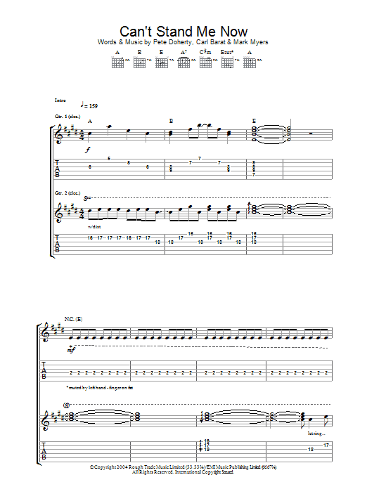The Libertines Can't Stand Me Now sheet music notes and chords arranged for Guitar Tab