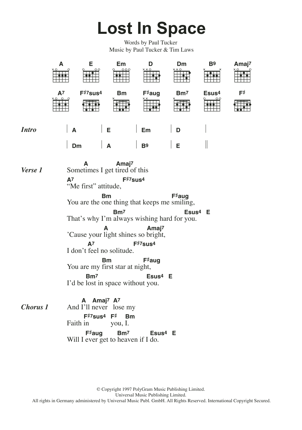The Lighthouse Family Lost In Space sheet music notes and chords arranged for Guitar Chords/Lyrics