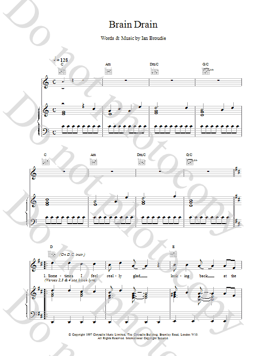 The Lightning Seeds Brain Drain sheet music notes and chords arranged for Piano, Vocal & Guitar Chords