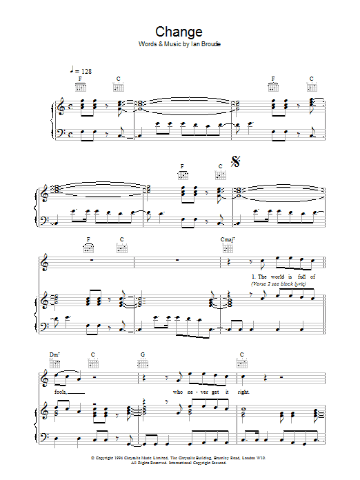 The Lightning Seeds Change sheet music notes and chords arranged for Piano, Vocal & Guitar Chords