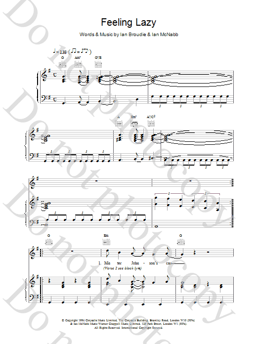 The Lightning Seeds Feeling Lazy sheet music notes and chords arranged for Piano, Vocal & Guitar Chords