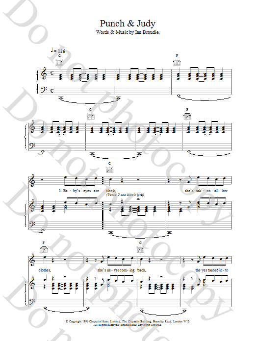 The Lightning Seeds Punch & Judy sheet music notes and chords arranged for Piano, Vocal & Guitar Chords