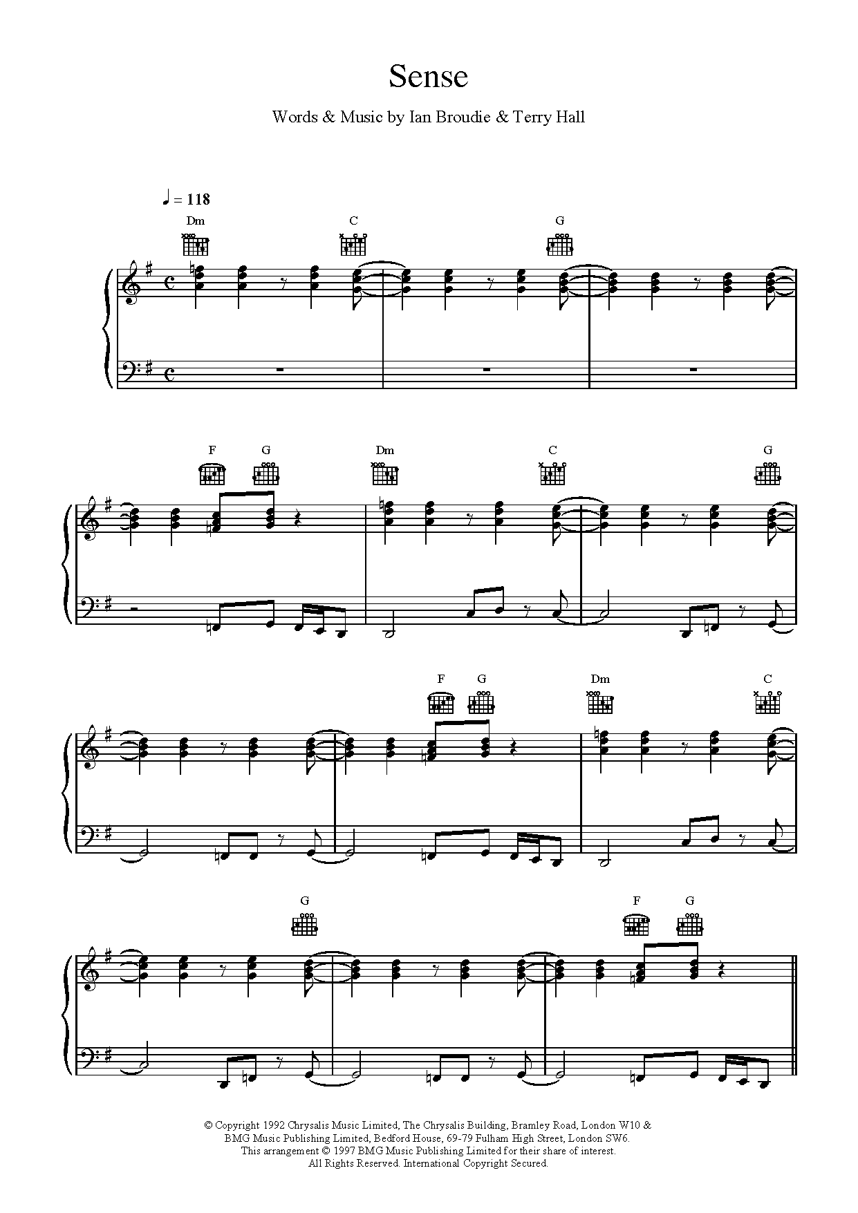 The Lightning Seeds Sense sheet music notes and chords arranged for Piano, Vocal & Guitar Chords