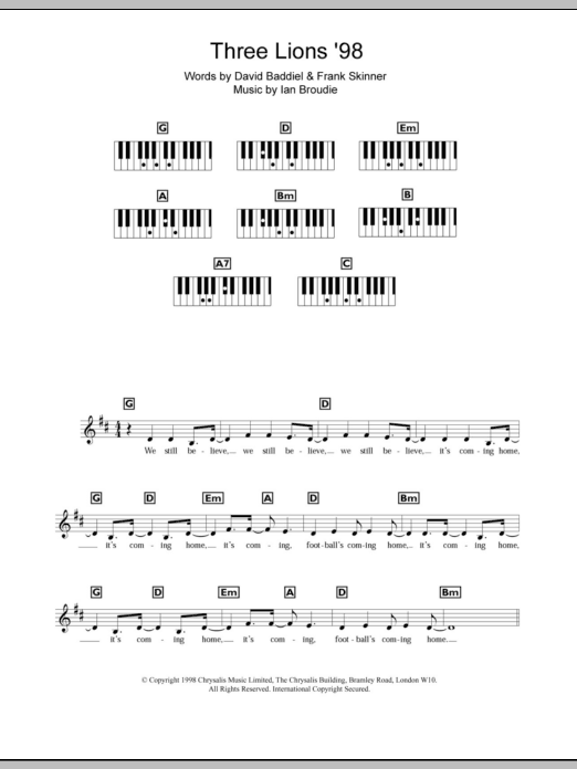 The Lightning Seeds Three Lions '98 (England's World Cup '98 Theme) sheet music notes and chords arranged for Piano Chords/Lyrics