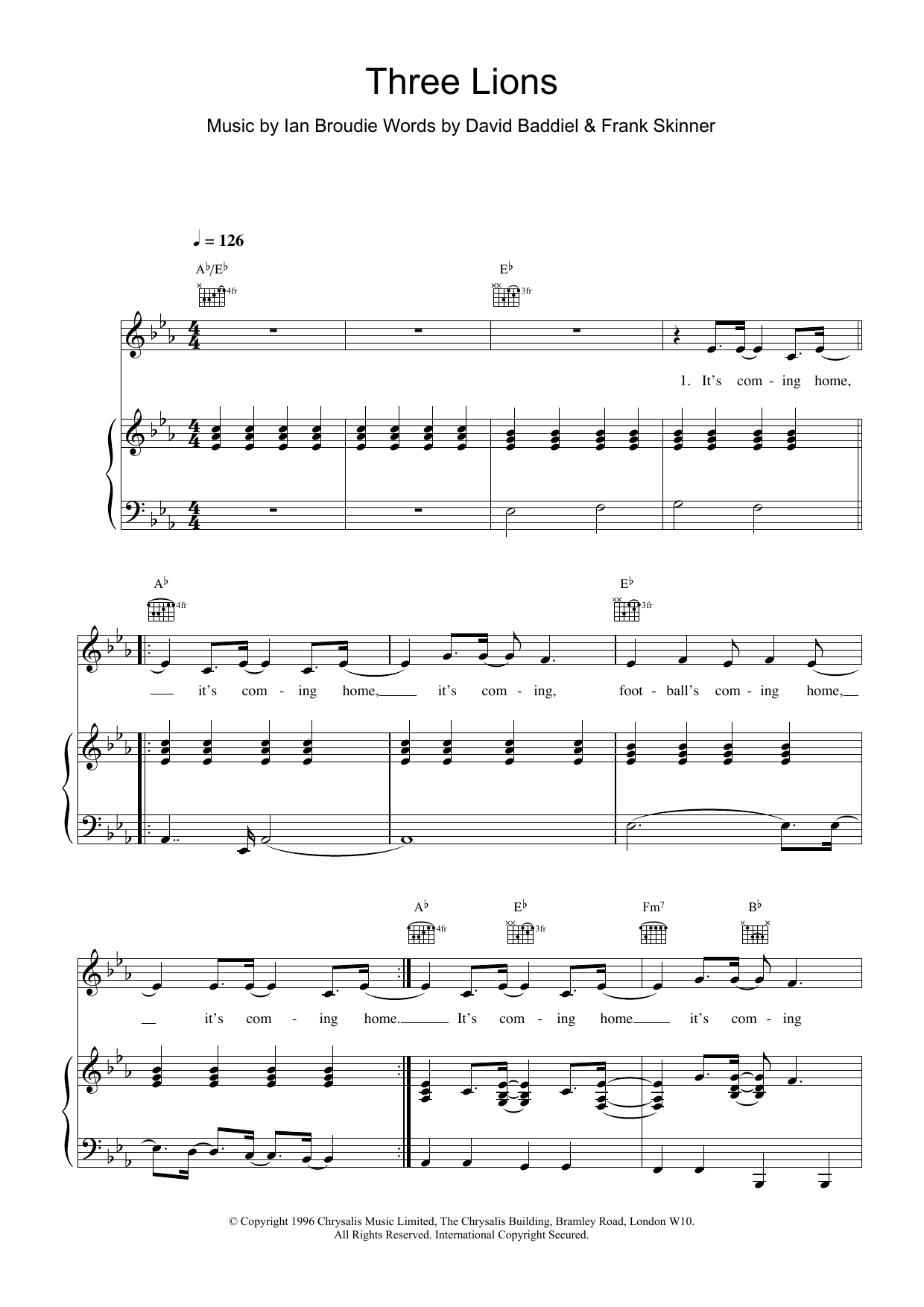 The Lightning Seeds Three Lions sheet music notes and chords arranged for Piano, Vocal & Guitar Chords