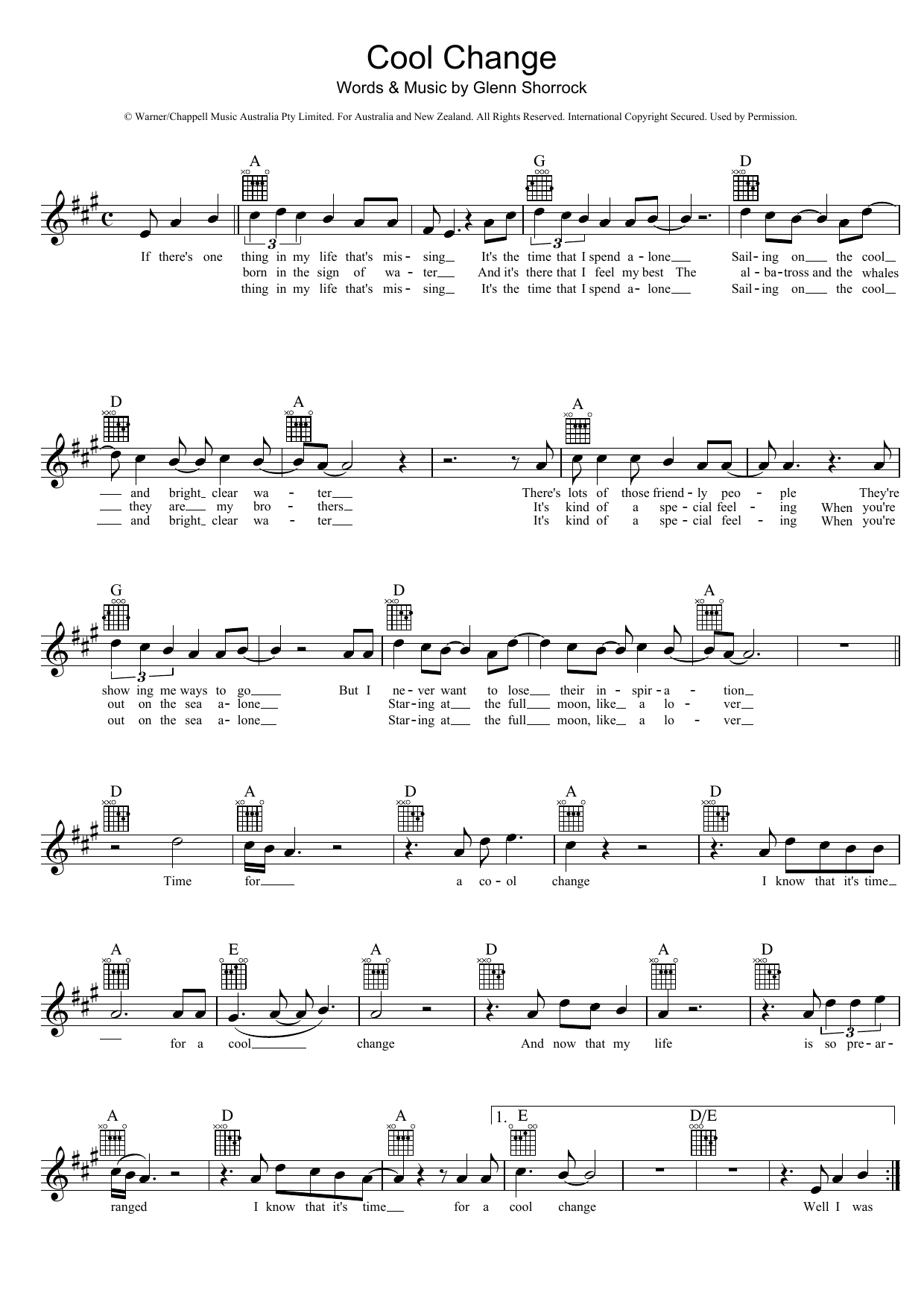 The Little River Band Cool Change sheet music notes and chords arranged for Lead Sheet / Fake Book