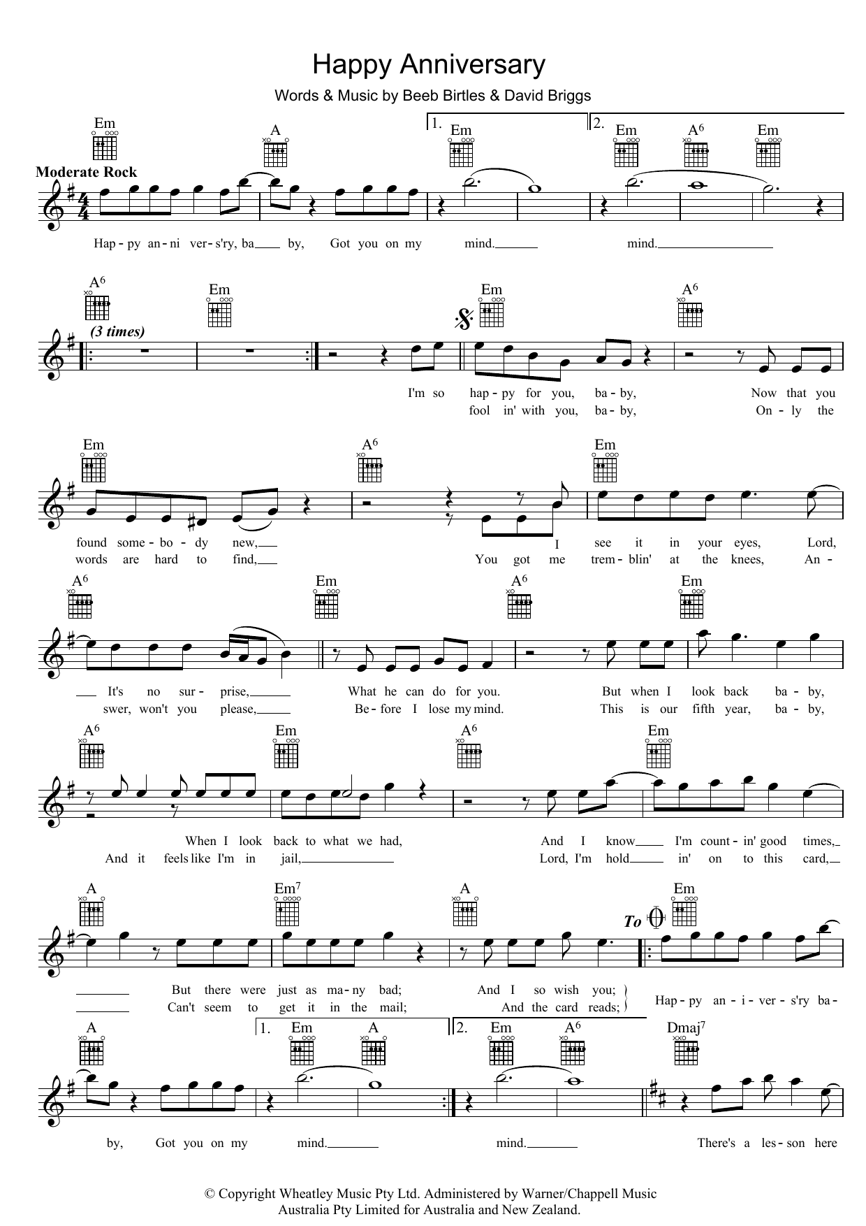 The Little River Band Happy Anniversary sheet music notes and chords arranged for Lead Sheet / Fake Book