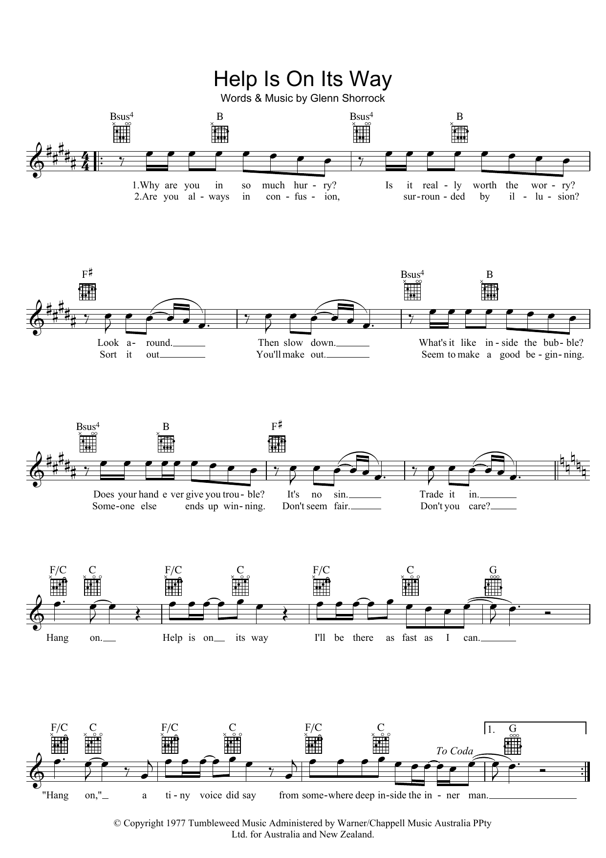 The Little River Band Help Is On Its Way sheet music notes and chords arranged for Lead Sheet / Fake Book