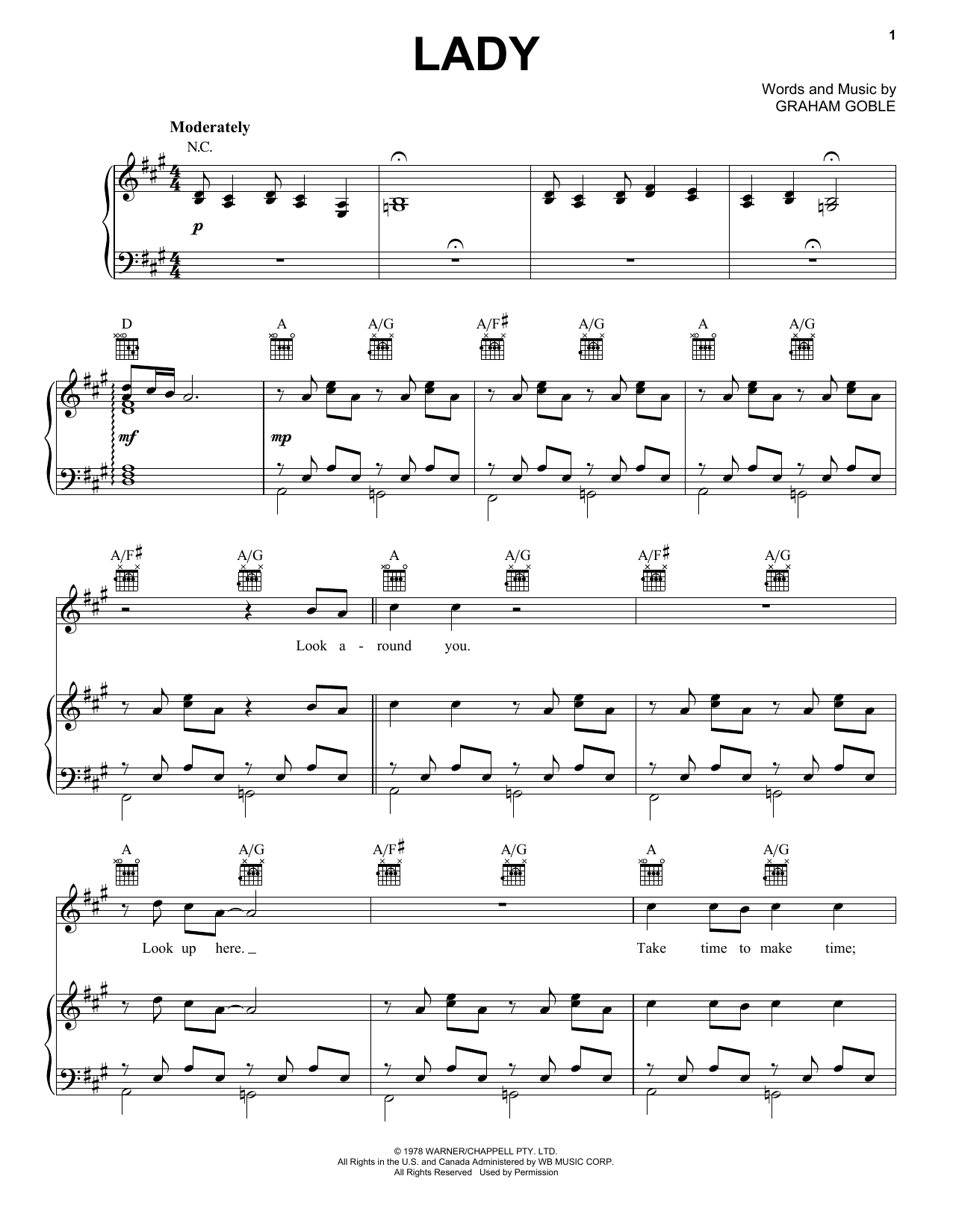 Little River Band Lady sheet music notes and chords arranged for Piano, Vocal & Guitar Chords (Right-Hand Melody)