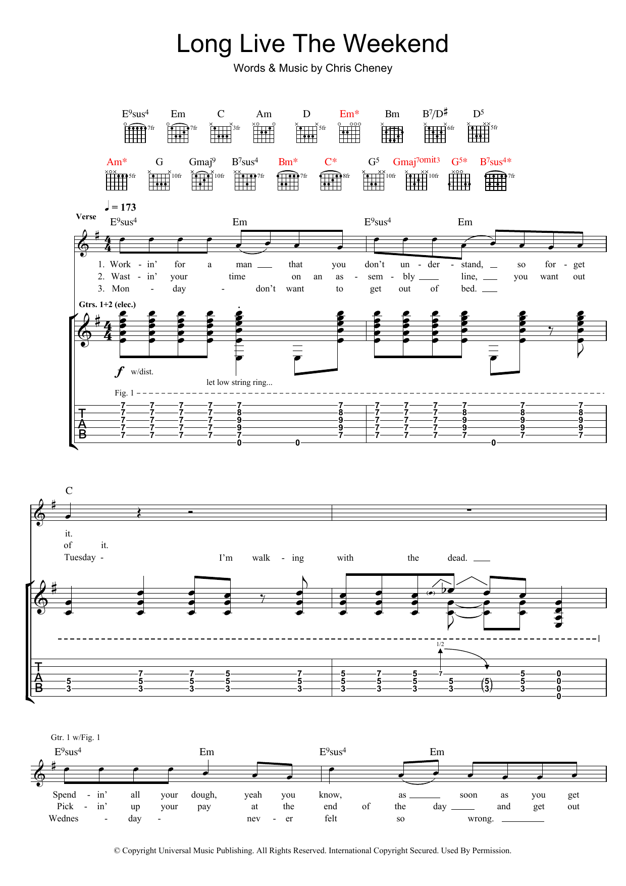 The Living End Long Live The Weekend sheet music notes and chords arranged for Guitar Tab