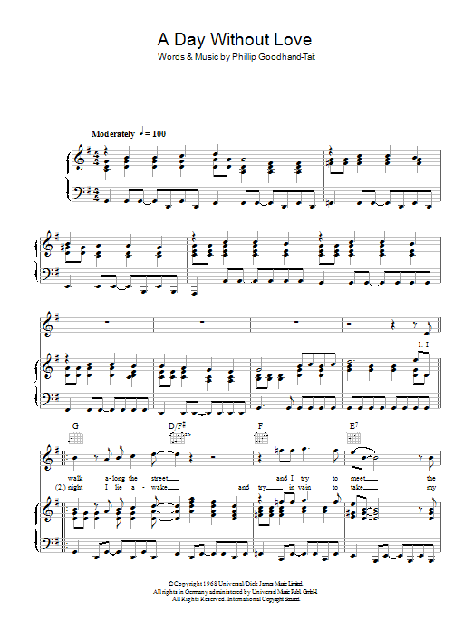The Love Affair A Day Without Love sheet music notes and chords arranged for Piano, Vocal & Guitar Chords