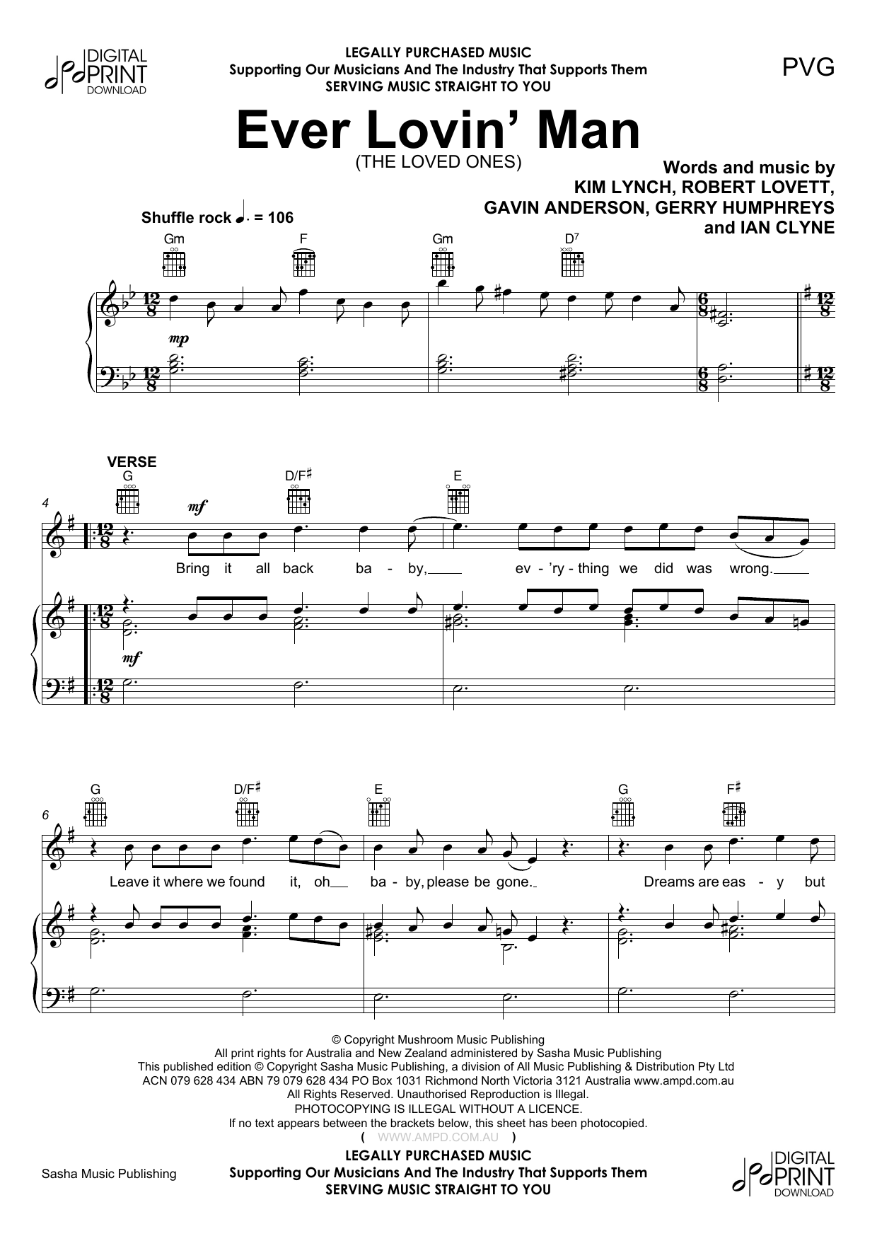The Loved Ones Ever Lovin Man sheet music notes and chords arranged for Piano, Vocal & Guitar Chords (Right-Hand Melody)