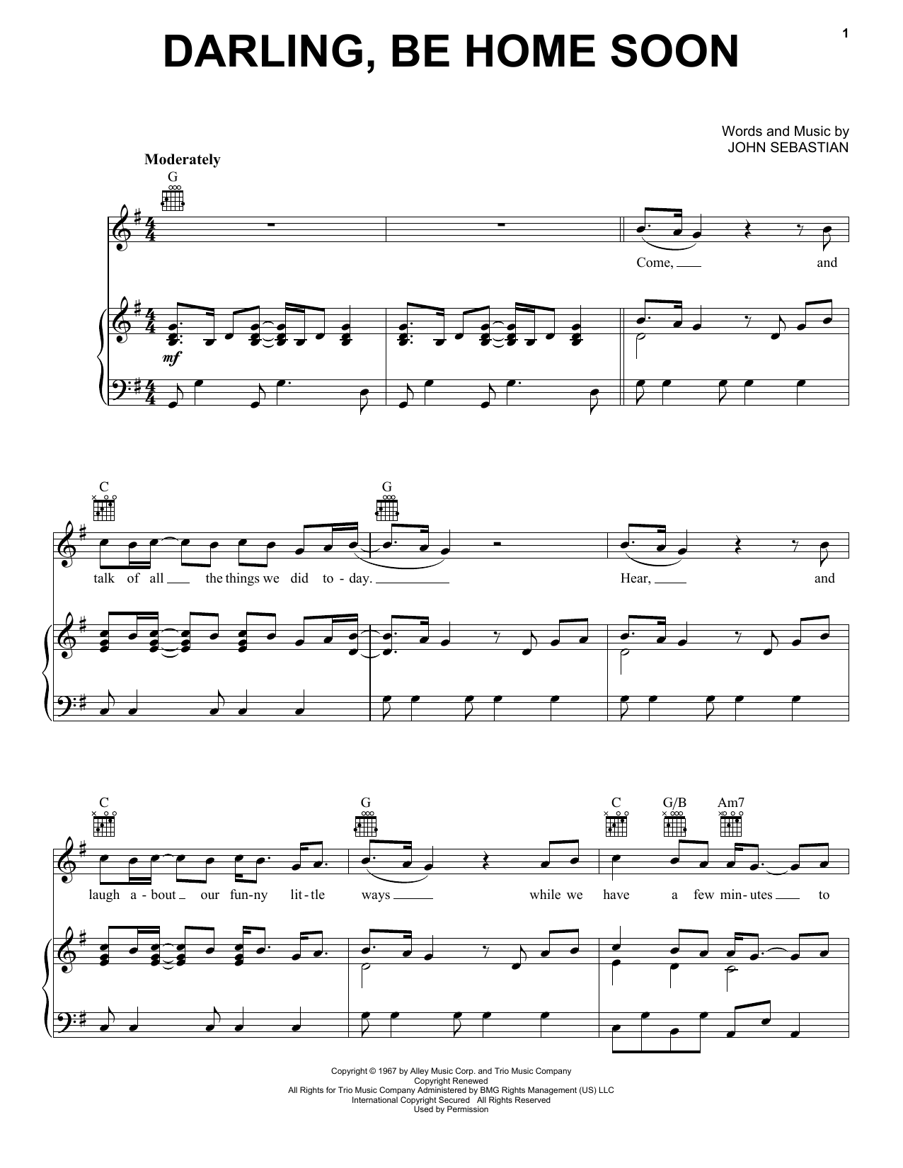 The Lovin' Spoonful Darling, Be Home Soon sheet music notes and chords arranged for Piano, Vocal & Guitar Chords (Right-Hand Melody)