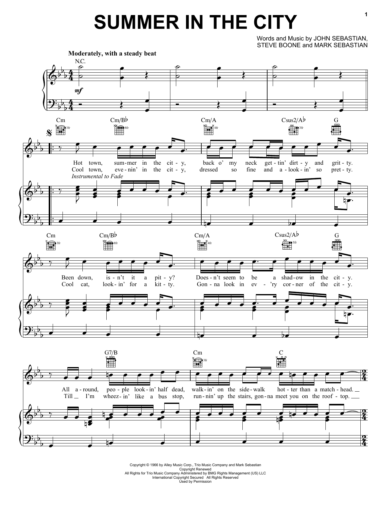 The Lovin' Spoonful Summer In The City sheet music notes and chords arranged for Piano, Vocal & Guitar Chords (Right-Hand Melody)