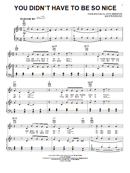 The Lovin' Spoonful You Didn't Have To Be So Nice sheet music notes and chords arranged for Piano, Vocal & Guitar Chords (Right-Hand Melody)