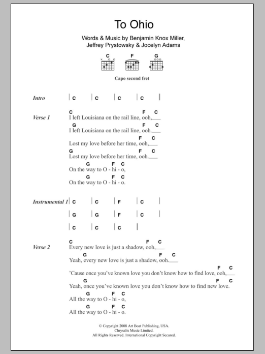 The Low Anthem To Ohio sheet music notes and chords arranged for Guitar Chords/Lyrics