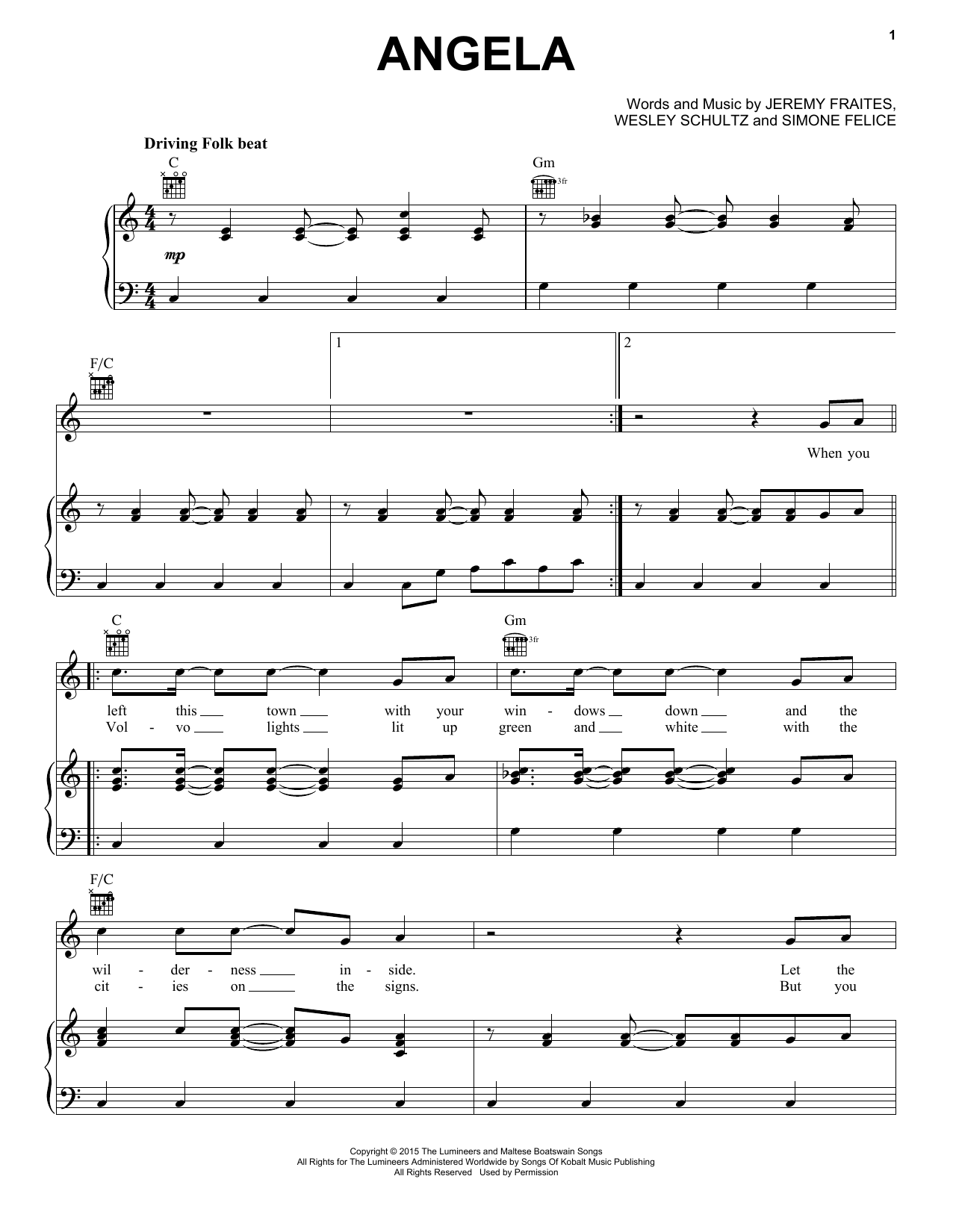 The Lumineers Angela sheet music notes and chords arranged for Piano, Vocal & Guitar Chords (Right-Hand Melody)