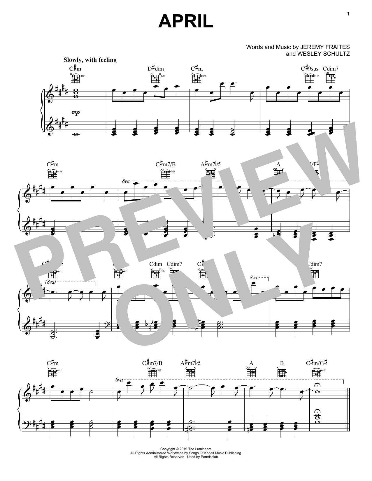 The Lumineers April sheet music notes and chords arranged for Piano Solo