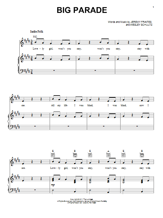 The Lumineers Big Parade sheet music notes and chords arranged for Guitar Tab