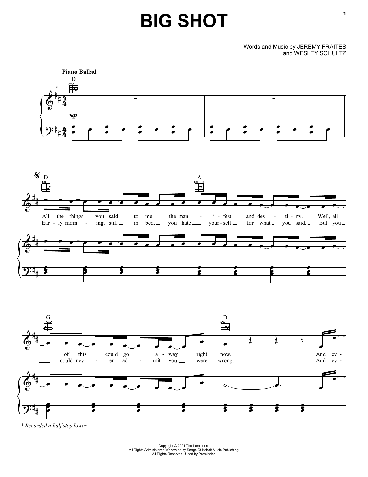 The Lumineers Big Shot sheet music notes and chords arranged for Piano, Vocal & Guitar Chords (Right-Hand Melody)
