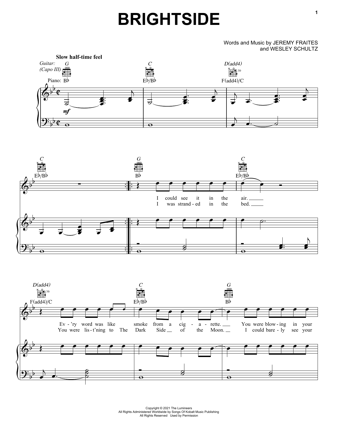 The Lumineers Brightside sheet music notes and chords arranged for Piano, Vocal & Guitar Chords (Right-Hand Melody)
