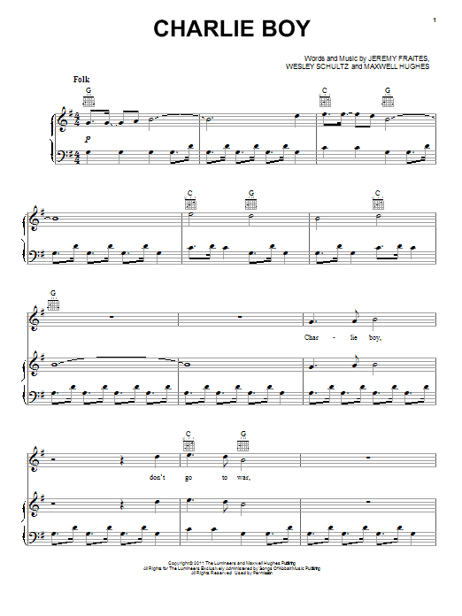 The Lumineers Charlie Boy sheet music notes and chords arranged for Piano, Vocal & Guitar Chords (Right-Hand Melody)