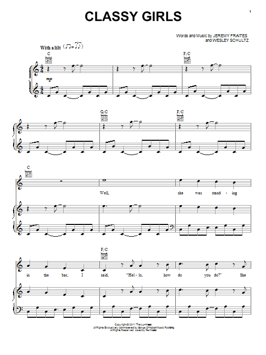 The Lumineers Classy Girls sheet music notes and chords arranged for Piano, Vocal & Guitar Chords (Right-Hand Melody)