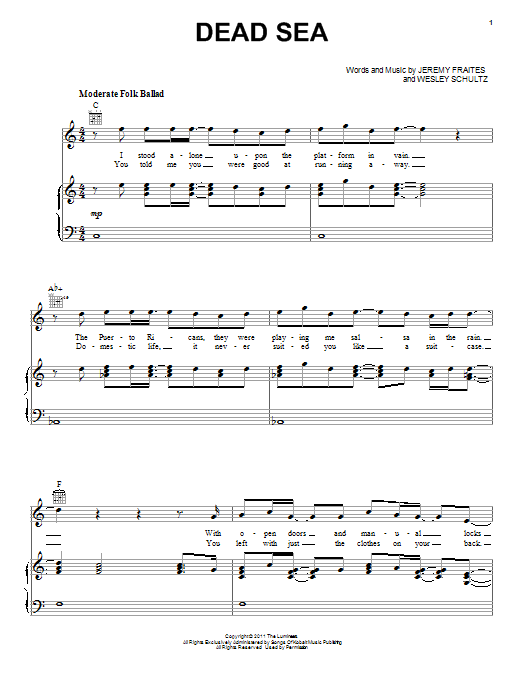The Lumineers Dead Sea sheet music notes and chords arranged for Piano, Vocal & Guitar Chords (Right-Hand Melody)