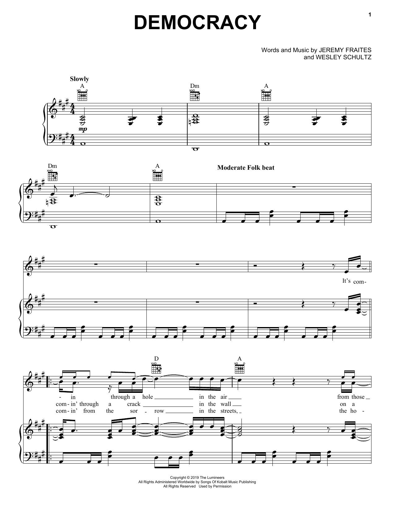 The Lumineers Democracy sheet music notes and chords arranged for Piano, Vocal & Guitar Chords (Right-Hand Melody)