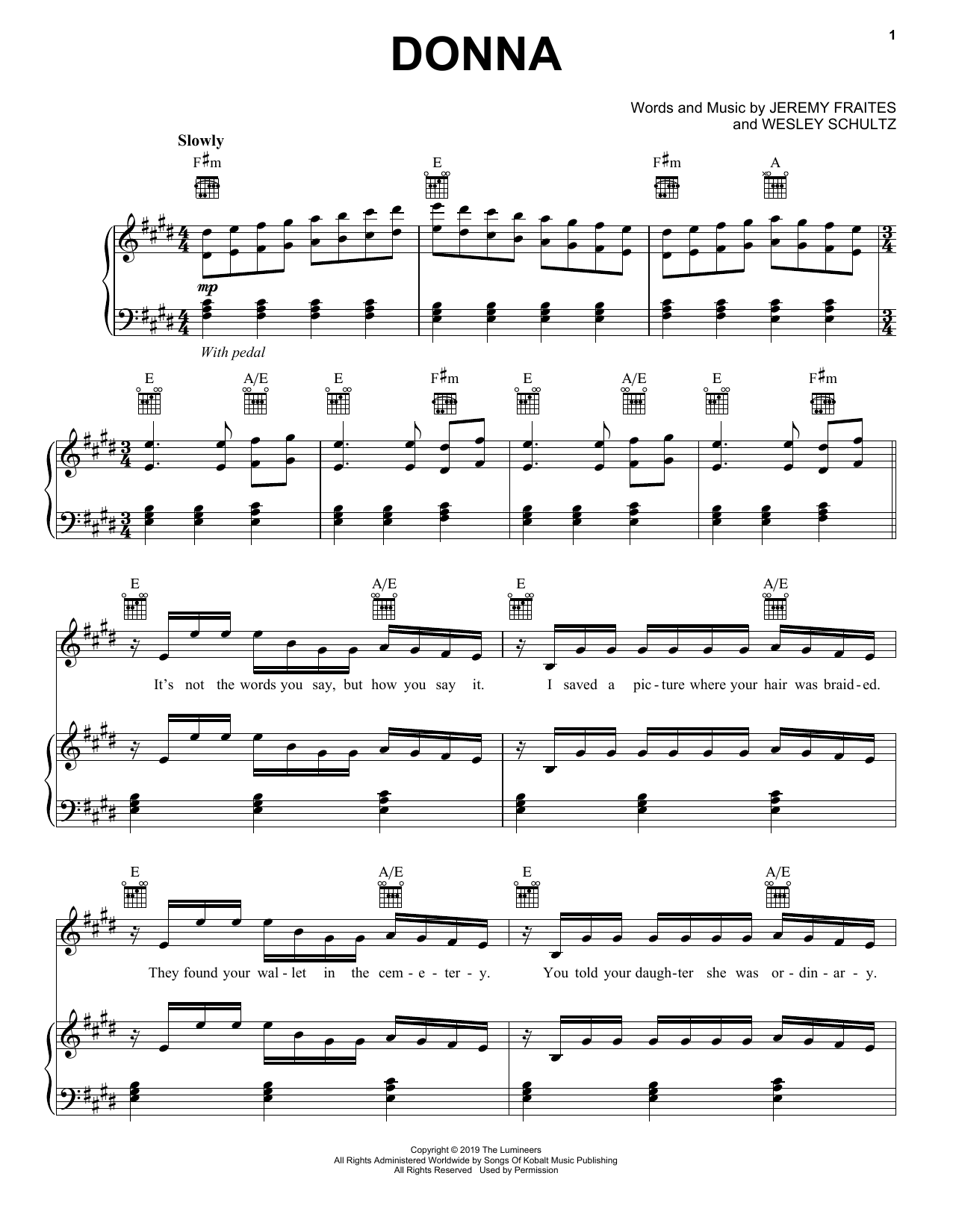 The Lumineers Donna sheet music notes and chords arranged for Piano, Vocal & Guitar Chords (Right-Hand Melody)