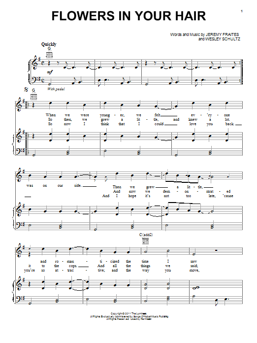 The Lumineers Flowers In Your Hair sheet music notes and chords arranged for Piano, Vocal & Guitar Chords (Right-Hand Melody)