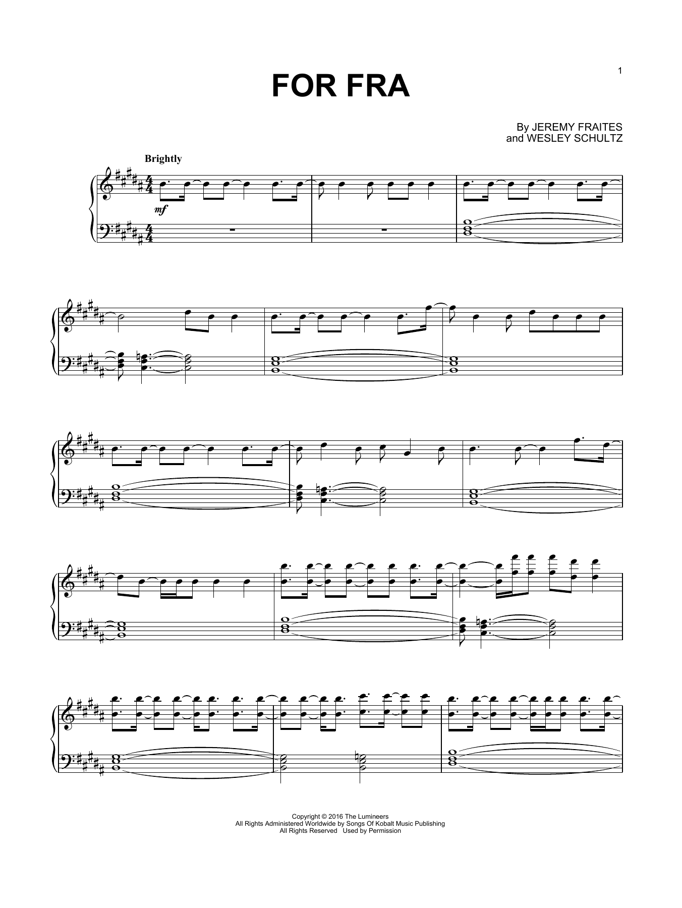 The Lumineers For Fra sheet music notes and chords arranged for Piano Solo