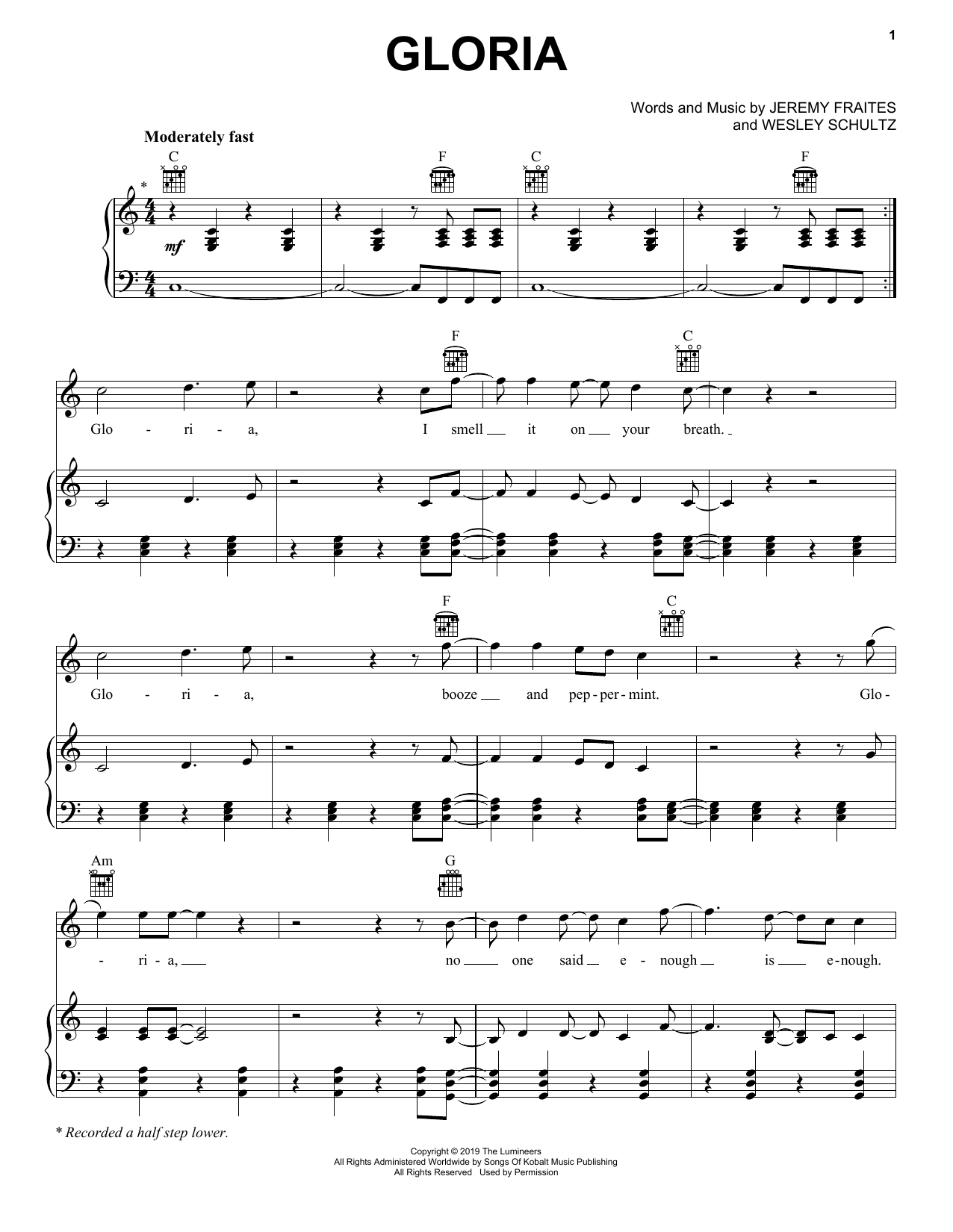 The Lumineers Gloria sheet music notes and chords arranged for Piano, Vocal & Guitar Chords (Right-Hand Melody)