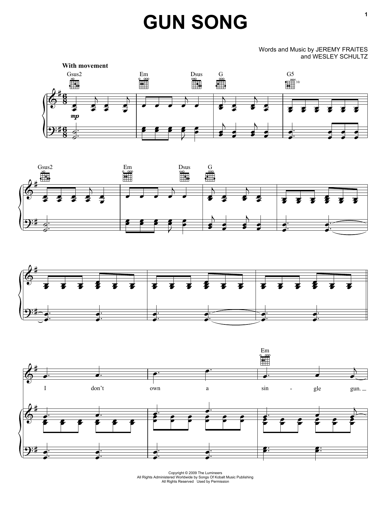 The Lumineers Gun Song sheet music notes and chords arranged for Piano, Vocal & Guitar Chords (Right-Hand Melody)