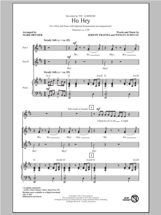 The Lumineers Ho Hey (arr. Mark Brymer) sheet music notes and chords arranged for 2-Part Choir