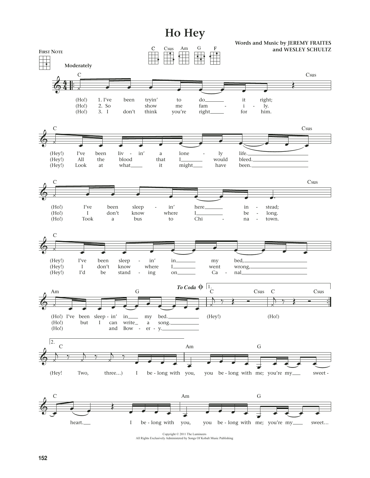 The Lumineers Ho Hey (from The Daily Ukulele) (arr. Jim Beloff) sheet music notes and chords arranged for Ukulele