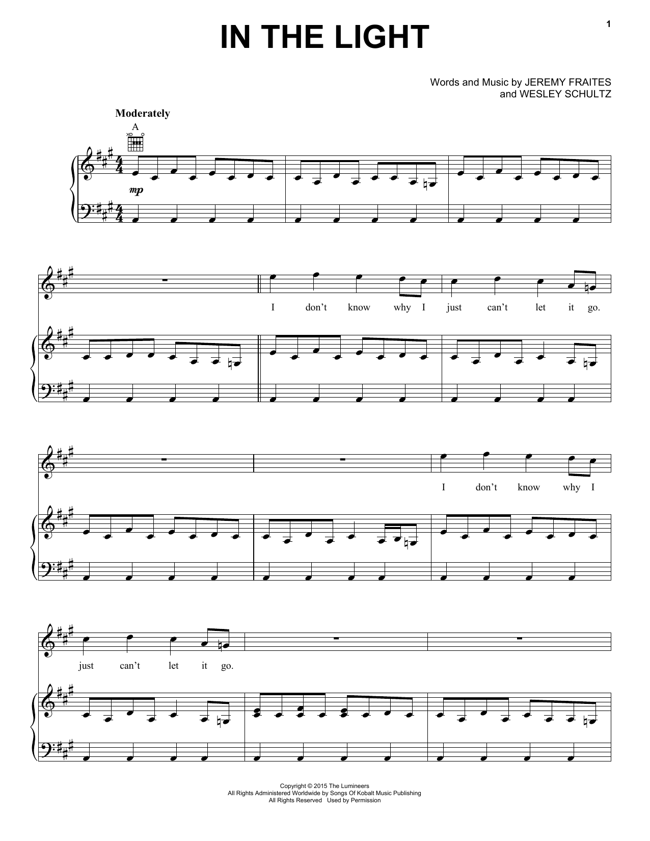 The Lumineers In The Light sheet music notes and chords arranged for Piano, Vocal & Guitar Chords (Right-Hand Melody)