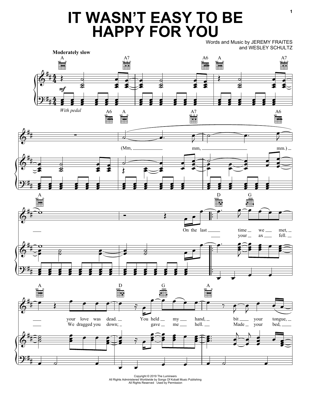 The Lumineers It Wasn't Easy To Be Happy For You sheet music notes and chords arranged for Piano, Vocal & Guitar Chords (Right-Hand Melody)